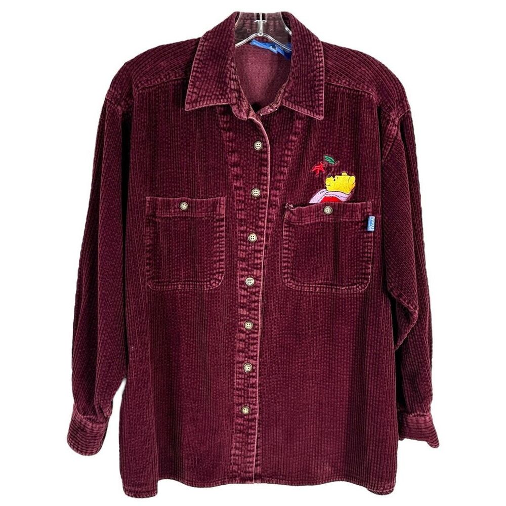 VTG Winnie the Pooh Medium Top Button Up Blouse Corduroy Embroidered Maroon 1394 - Picture 8 of 8